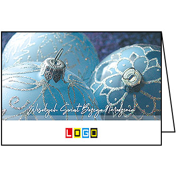 Kartka świąteczna BN1-130 – Błękitne bombki ze srebrnym ornamentem z logo firmy