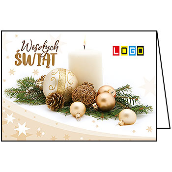 Kartka świąteczna BN1-243 – Świeca i złote ornamenty z logo firmy