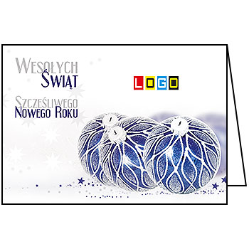 Kartka świąteczna BN1-331 – Kobaltowe bombki z ornamentem z logo firmy