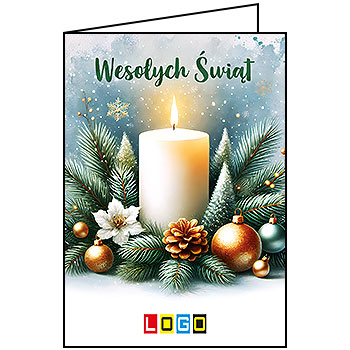 Kartka świąteczna BN1-440 – Świeca w świątecznym stroiku z logo firmy