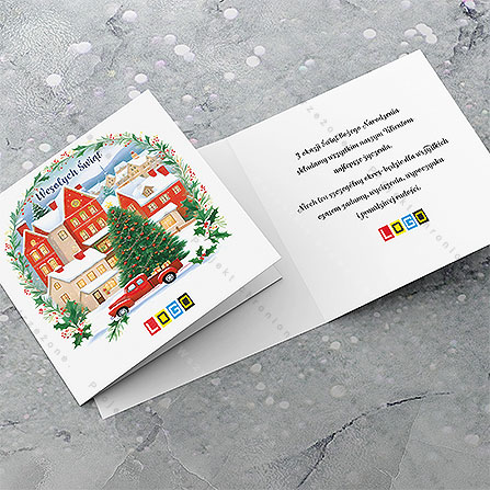 Kartka świąteczna BN2-562 – Zimowa wioska z czerwonym samochodem – widok 4