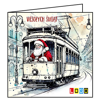 Kartka świąteczna BN2-584 – Mikołaj w zabytkowym tramwaju z logo firmy
