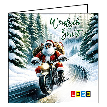 Kartka świąteczna BN2-621 – Mikołaj na motocyklu z logo firmy