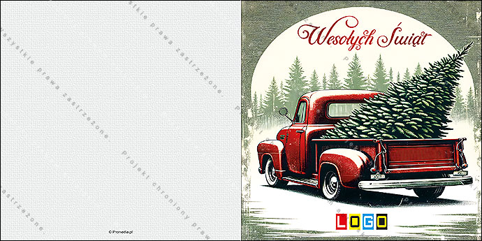 Kartka świąteczna BN2-637 – Czerwony pick-up z choinką – widok 3