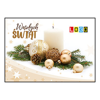 Kartka świąteczna BZ1-243 – Świeca i złote ornamenty z logo firmy