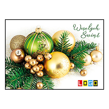 Kartka świąteczna BZ1-263 – Szmaragdowe i złote bombki z logo firmy
