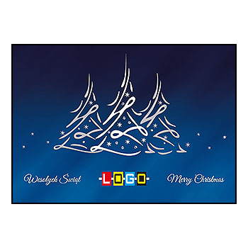Kartka świąteczna BZ1-357 – Dynamiczne choinki z białej linii z logo firmy