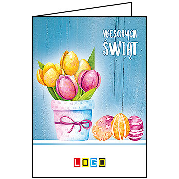 Kartka wielkanocna WN1-019 – Tulipany w doniczce i pisanki z logo firmy
