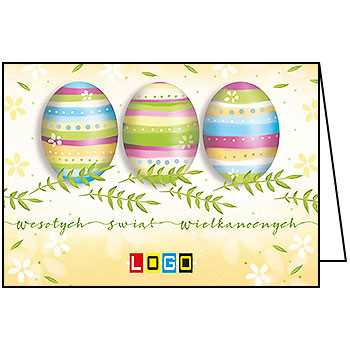 Kartka wielkanocna WN1-032 – Trzy pisanki w pastelowe pasy z logo firmy