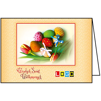 Kartka wielkanocna WN1-036 – Pisanki i tulipany w ramce z logo firmy