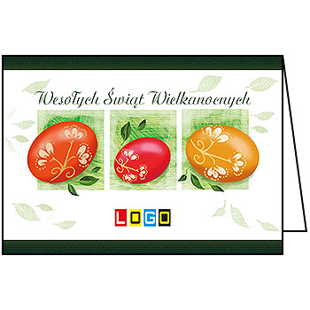 Kartka wielkanocna WN1-075 – Trzy pisanki w zielonych kwadratach z logo firmy