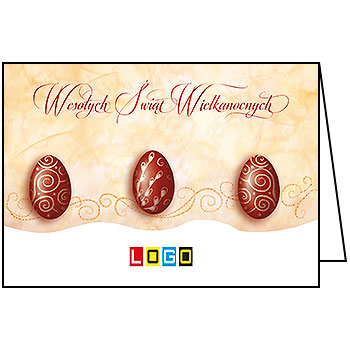 Kartka wielkanocna WN1-081 – Trzy bordowe pisanki na pergaminie z logo firmy