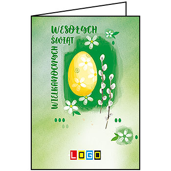 Kartka wielkanocna WN1-092 – Żółte jajko na zielonej plamie z logo firmy
