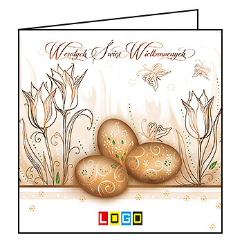Kartka wielkanocna WN2-028 – Pisanki i tulipany w sepii z logo firmy