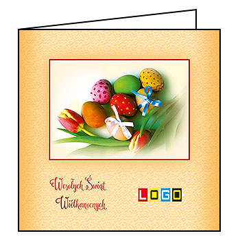 Kartka wielkanocna WN2-036 – Pisanki i tulipany w ramce z logo firmy