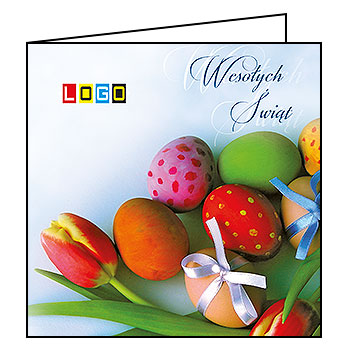 Kartka wielkanocna WN2-040 – Pisanki ze wstążkami i tulipan z logo firmy