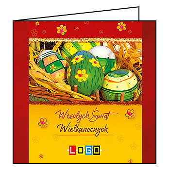 Kartka wielkanocna WN2-062 – Pisanki w koszyku na słomie z logo firmy