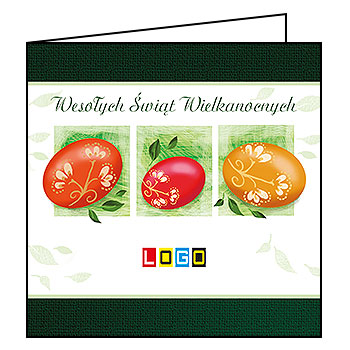 Kartka wielkanocna WN2-075 – Trzy pisanki w zielonych kwadratach z logo firmy