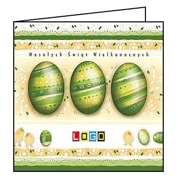 Kartka wielkanocna WN2-077 – Trzy zielone pisanki i kurczaczki z logo firmy