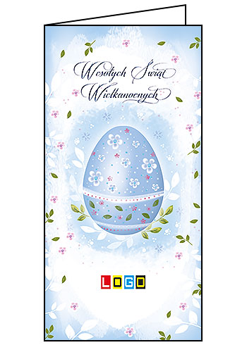 Kartka wielkanocna WN3-008 – Błękitna pisanka w kwiatach z logo firmy