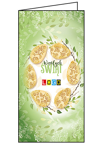 Kartka wielkanocna WN3-088 – Sześć złotych pisanek w wieńcu z logo firmy