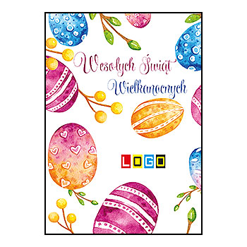 Kartka wielkanocna WZ1-006 – Pisanki rozsypane na bieli z logo firmy