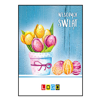 Kartka wielkanocna WZ1-019 – Tulipany w doniczce i pisanki z logo firmy