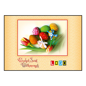 Kartka wielkanocna WZ1-036 – Pisanki i tulipany w ramce z logo firmy