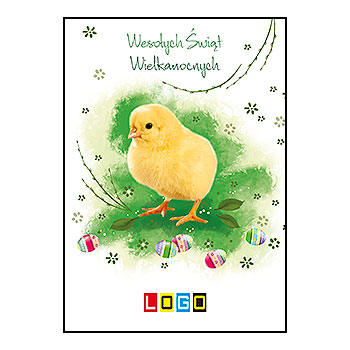 Kartka wielkanocna WZ1-052 – Kurczaczek na zielonej trawie z logo firmy