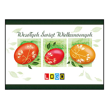 Kartka wielkanocna WZ1-075 – Trzy pisanki w zielonych kwadratach z logo firmy