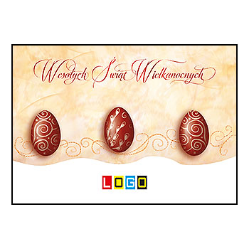 Kartka wielkanocna WZ1-081 – Trzy bordowe pisanki na pergaminie z logo firmy