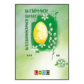 Kartka wielkanocna WZ1-092 – Żółte jajko na zielonej plamie z logo firmy