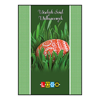 Kartka wielkanocna WZ1-099 – Czerwona pisanka w trawie z logo firmy