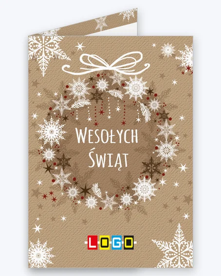 Kartka świąteczna BN1-032 – Rustykalny wieniec ze śnieżynek z logo firmy