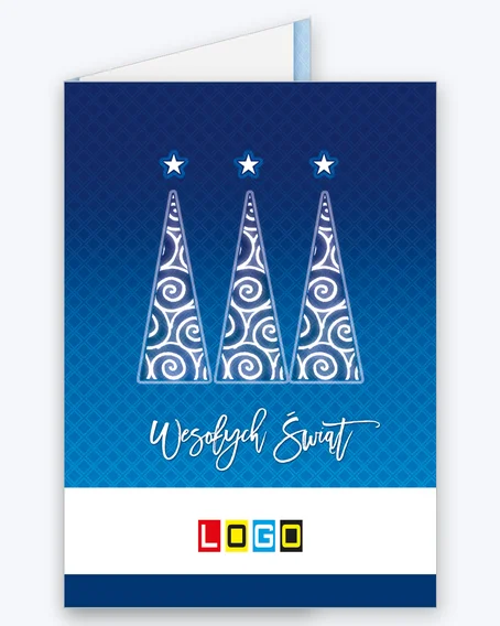 Kartka świąteczna BN1-083 – Trzy ażurowe choinki z logo firmy