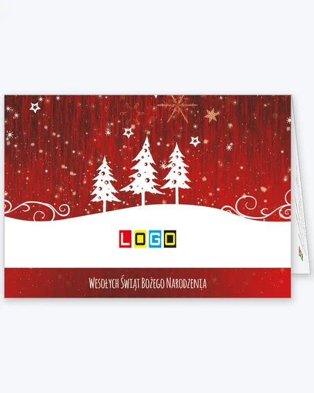 Kartka świąteczna BN1-366 – Białe choinki z logo firmy