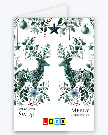 Kartka świąteczna BN1-480 – Symetryczne botaniczne jelenie z logo firmy