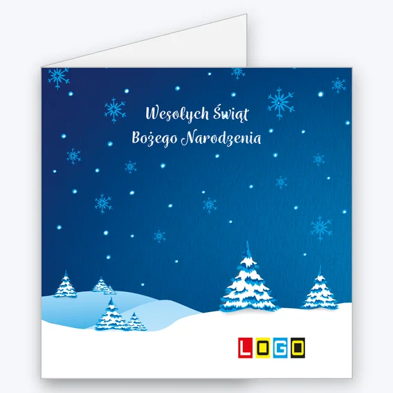 Kartka świąteczna BN2-197 – Nocny zimowy pejzaż z logo firmy