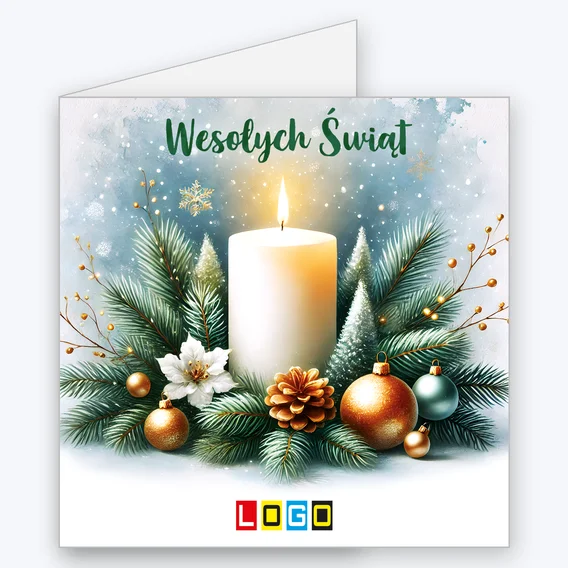 Kartka świąteczna BN2-440 – Świeca w świątecznym stroiku z logo firmy