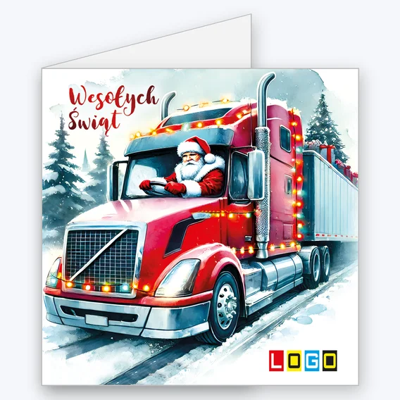 Kartka świąteczna BN2-531 – Mikołaj za kierownicą ciężarówki z logo firmy