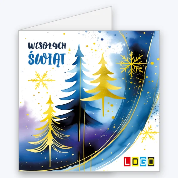Kartka świąteczna BN2-580 – Złote choinki z logo firmy