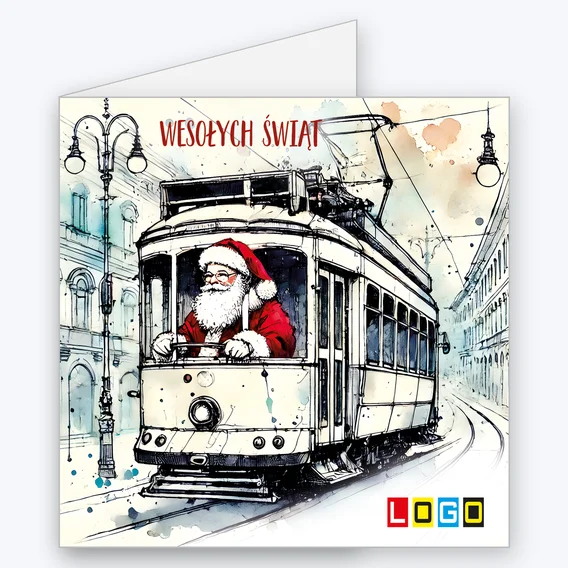 Kartka świąteczna BN2-584 – Mikołaj w zabytkowym tramwaju z logo firmy