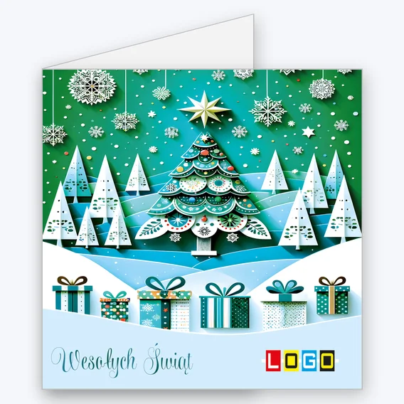 Kartka świąteczna BN2-598 – Choinka w stylu papercraft z logo firmy