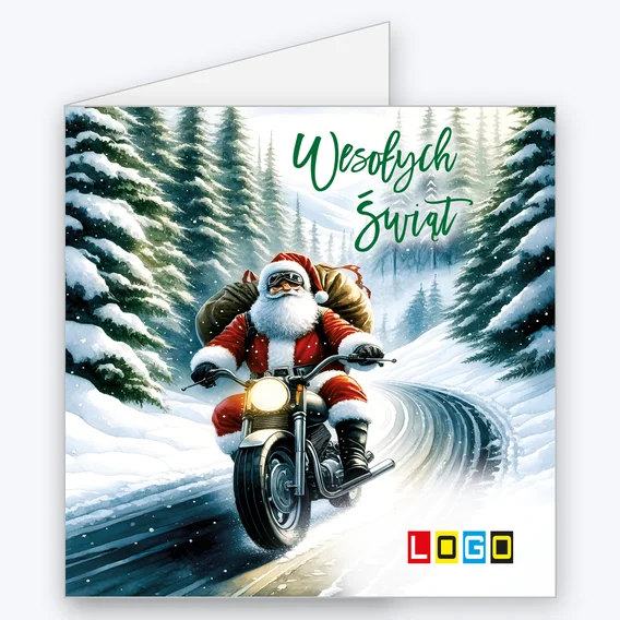 Kartka świąteczna BN2-621 – Mikołaj na motocyklu z logo firmy