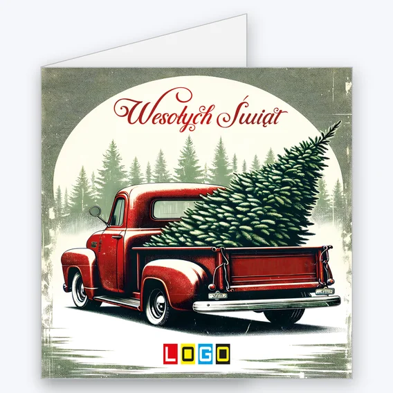 Kartka świąteczna BN2-637 – Czerwony pick-up z choinką z logo firmy