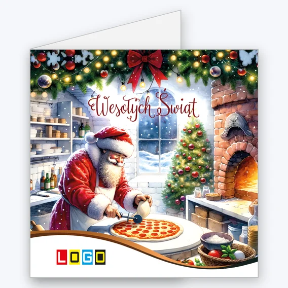 Kartka świąteczna BN2-654 – Świąteczna pizzeria Mikołaja z logo firmy