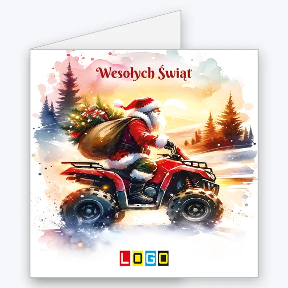 Kartka świąteczna BN2-695 – Mikołaj na czerwonym quadzie z logo firmy
