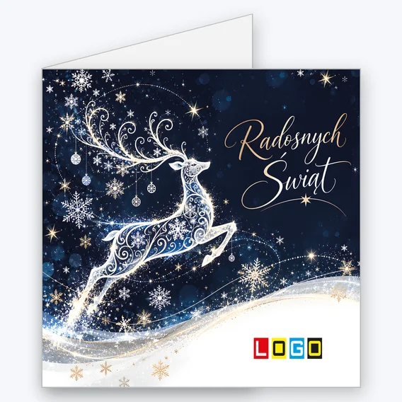 Kartka świąteczna BN2-702 – Skaczący renifer z ornamentów z logo firmy