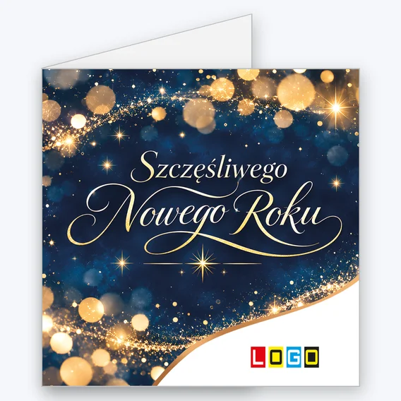 Kartka świąteczna BN2-709 – Noworoczne złoto na granatowej nocy z logo firmy
