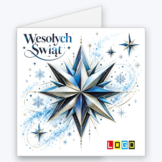 Kartka świąteczna BN2-711 – Origami-gwiazda w srebrze i błękicie z logo firmy